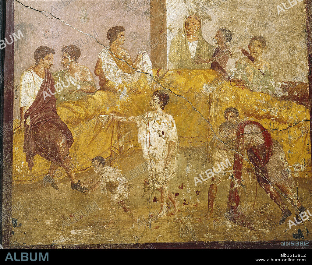 Roman civilization, 1st century A.D. Fresco of a feast scene. From Pompeii.