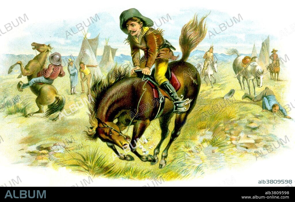 Cowboys of the American West developed a personal culture of their own, a blend of frontier and Victorian values that even retained vestiges of chivalry. Such hazardous work in isolated conditions also bred a tradition of self-dependence and individualism, with great value put on personal honesty, exemplified in songs and poetry. The average cowboy earned approximately a dollar a day, plus food, and, when near the home ranch, a bed in the bunkhouse, usually a barracks-like building with a single open room. Bucking is a movement performed by a horse in which the animal lowers its head and raises its hindquarters into the air, usually while kicking out with the hind legs. If powerful, it may unseat the rider enough to fall off. Lithograph Schumacher & Ettlinger, 1887.