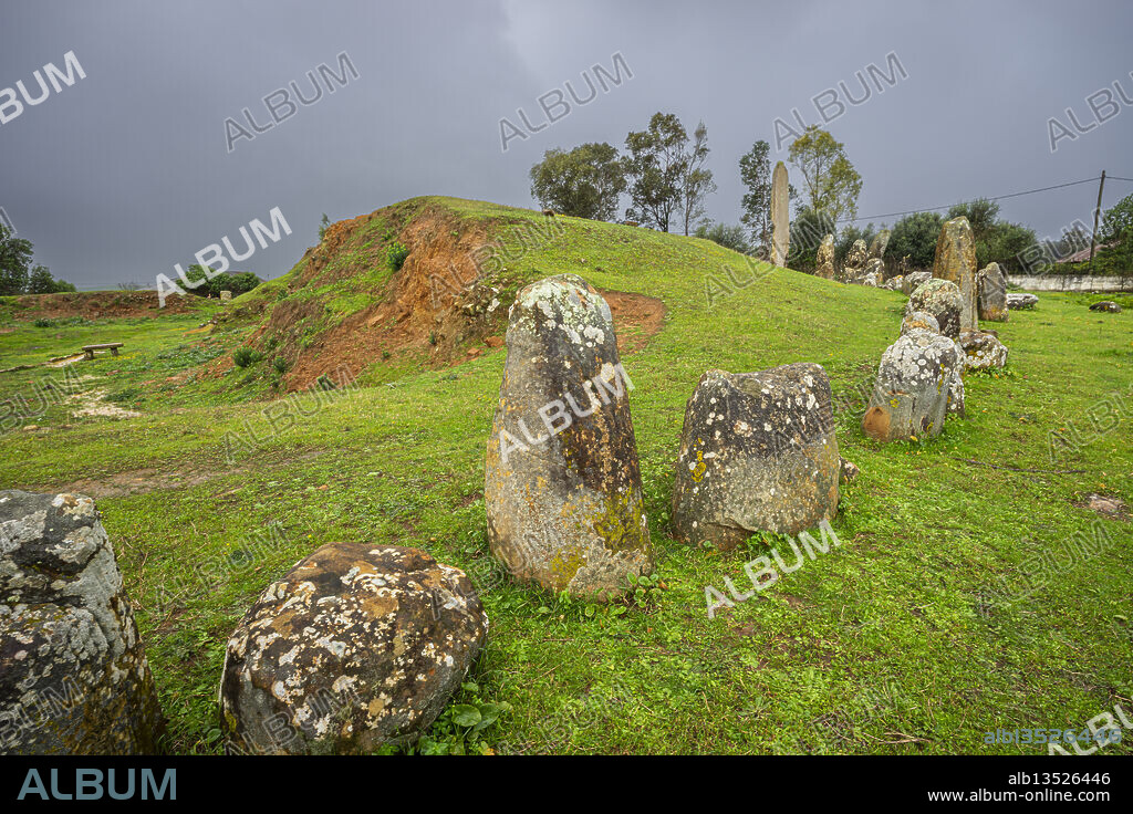 M'zora cromlech and menhir, megalithic enclosure, Middle Neolithic, Chouahed, Morocco, North Africa.