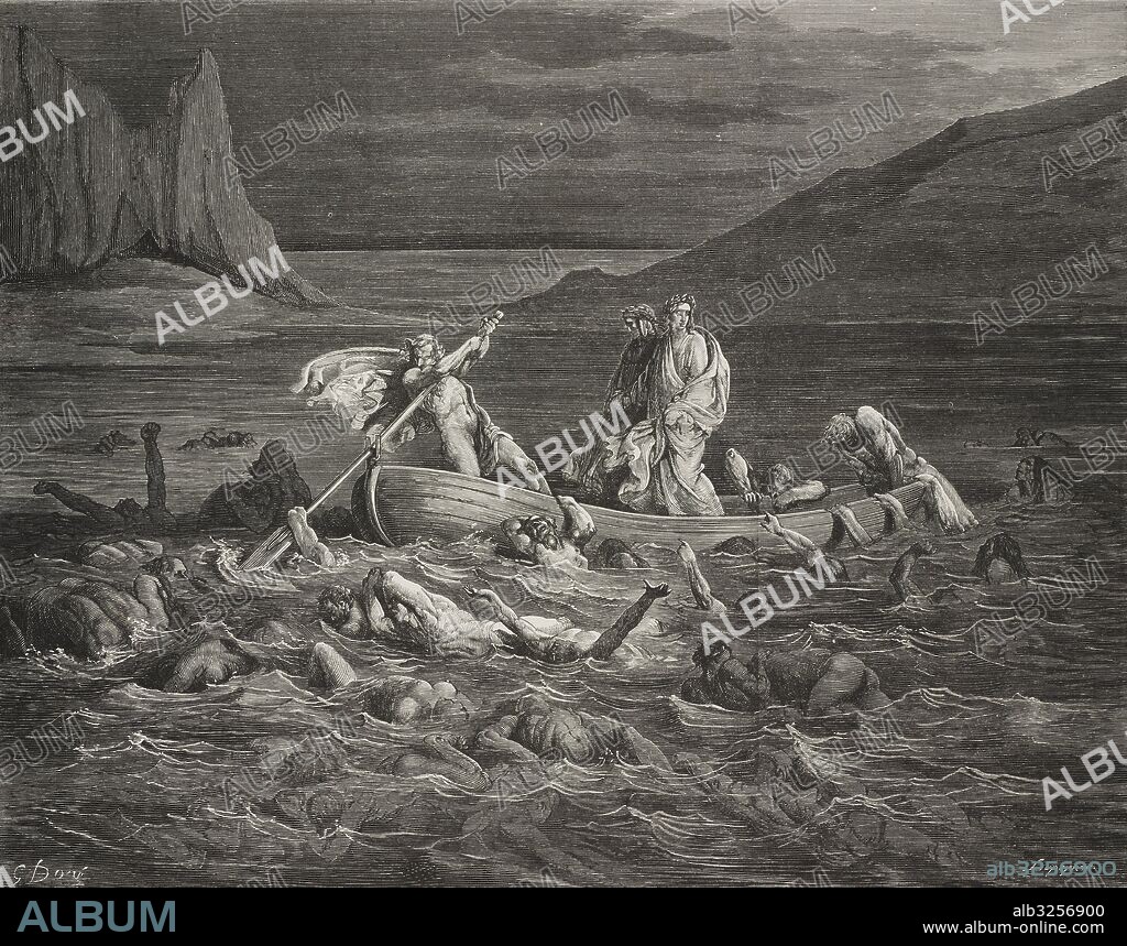 Virgil and Dante are ferried across the Styx by Phlegyas where the wrathful and sullen writhe, fifth circle, engraving by Gustave Dore (1832-1883), Canto VIII, Inferno, Divine Comedy by Dante Alighieri (1265-1321), 1869 edition.