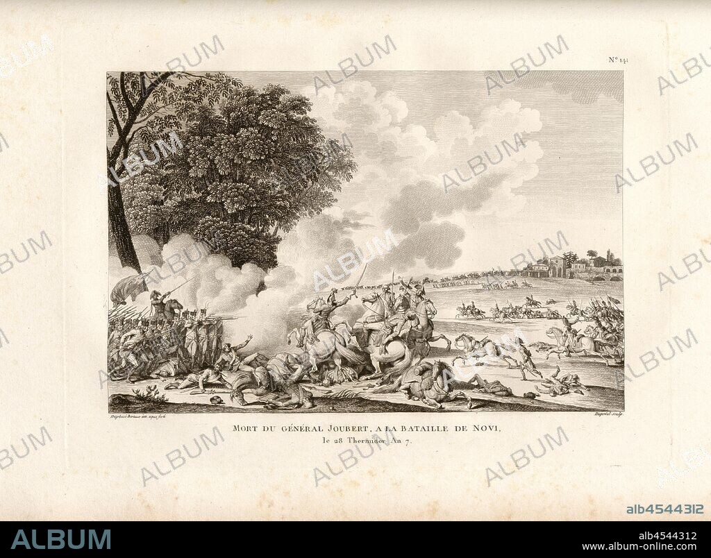Death of General Joubert, at the Battle of Novi, 28 Thermidor Year 7., Death of General Barthélemy-Catherine Joubert at the Battle of Novi Lligure on 15 August 1799, signed: Duplessi-Bertaux inv. Aqua forti; Dupréel sculp, Fig. 74, no. 141, after p. 568 (cent quarante-unième tableau), Duplessi-Bertaux, Jean (inv. et aqua forti); Dupréel, Jean-Baptiste-Michel (sc.), Collection complète des tableaux historiques de la Révolution française en trois volumes [...]. Bd. 2. A Paris: chez Auber, Editeur, et seul Propriétaire: de l'Imprimerie de Pierre Didot l'aîné, an XI de la République Francçaise M. DCCCII.
