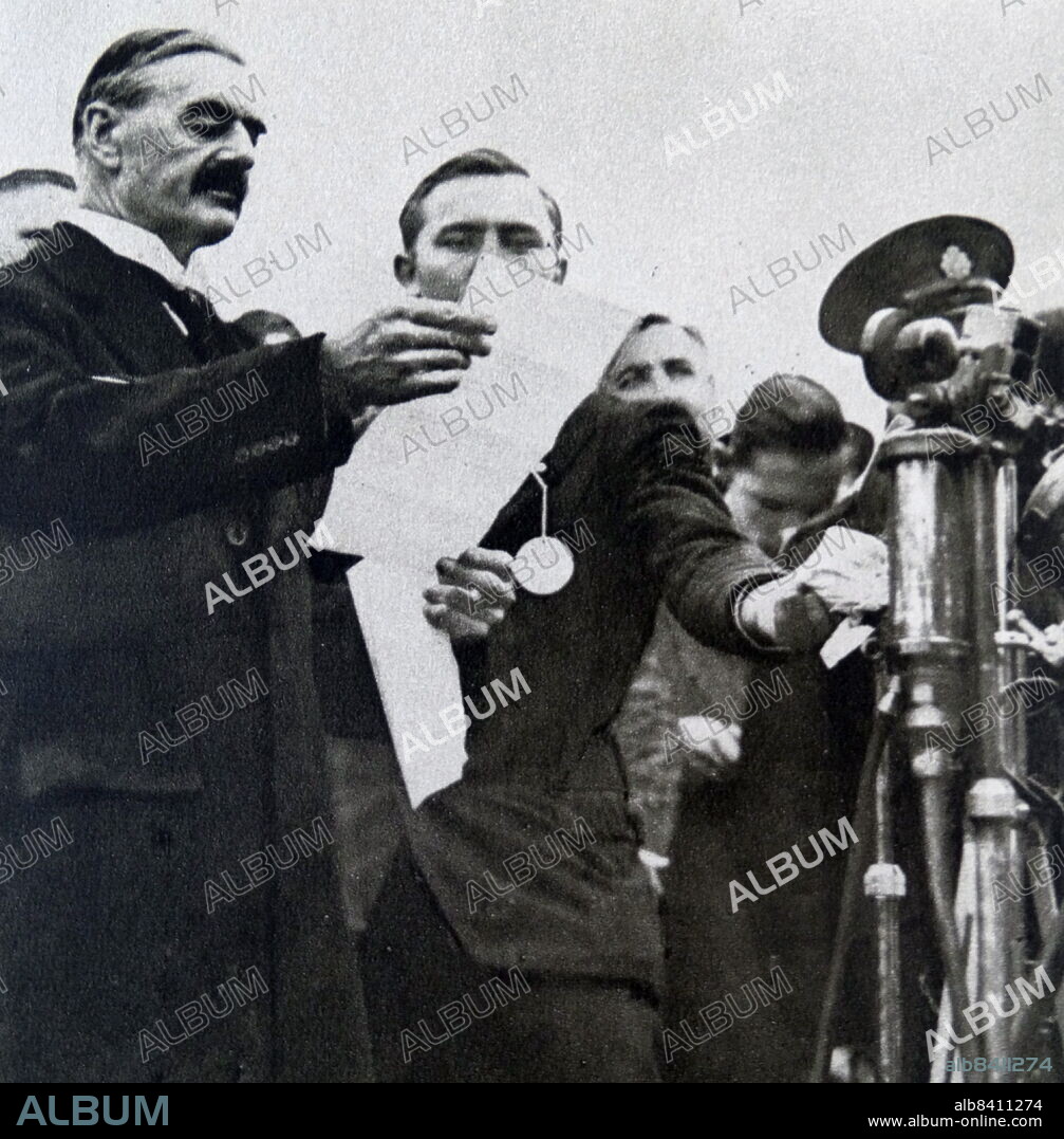 Arthur Neville Chamberlain FRS (18 March 1869 - 9 November 1940) was a British politician of the Conservative Party who served as Prime Minister of the United Kingdom from May 1937 to May 1940. He is best known for his foreign policy of appeasement, and in particular for his signing of the Munich Agreement on 30 September 1938, ceding the German-speaking Sudetenland region of Czechoslovakia to Nazi Germany led by Adolf Hitler. Following the German invasion of Poland on 1 September 1939, which marked the beginning of the Second World War, Chamberlain announced the declaration of war on Germany two days later and led the United Kingdom through the first eight months of the war until his resignation as prime minister on 10 May 1940. Prime Minister Neville Chamberlain announcing the Munich Agreement on 30 September 1938.