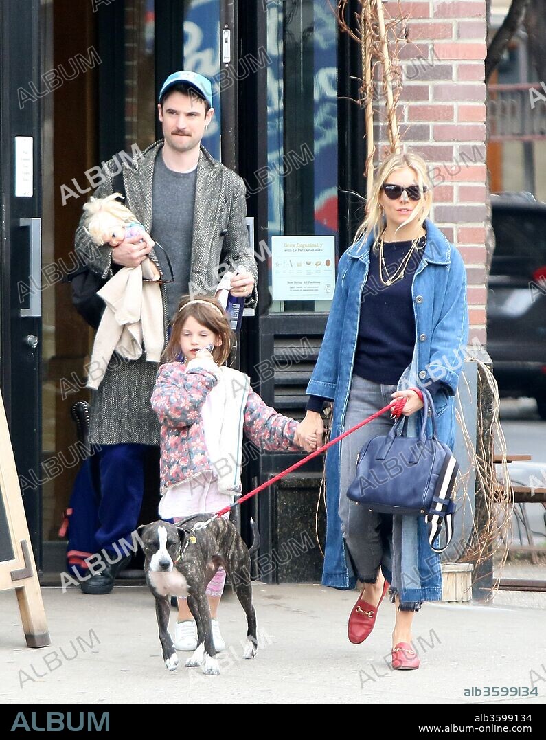 April 12, 2018 - New York, New York, United States - Actors Tom Sturridge and Sienna Miller take their daughter Marlowe Sturridge to a park in the West Village on April 12 2018 in New York City. 12/04/2018
