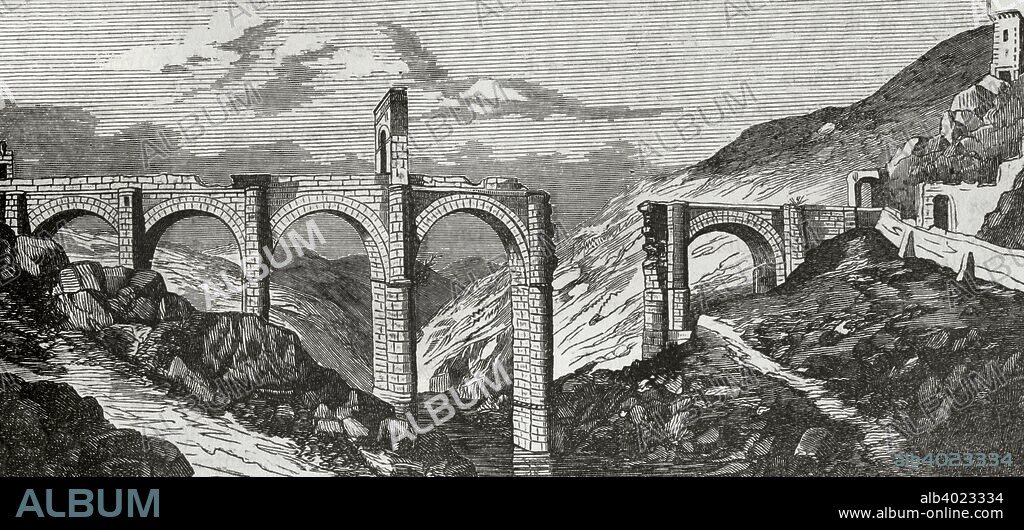 Spain. Extremadura. Alcantara Bridge. Roman Bridge. It was bilt over Thagus river between 104-106 AD by order of the emperor Trajan. The missing arch was demolished in 1809 and rebuilt in 1860. Engraving. Cronica General de Espa–a, Historia Ilustrada y Descriptiva de sus Provincias. Extremadura, 1870.