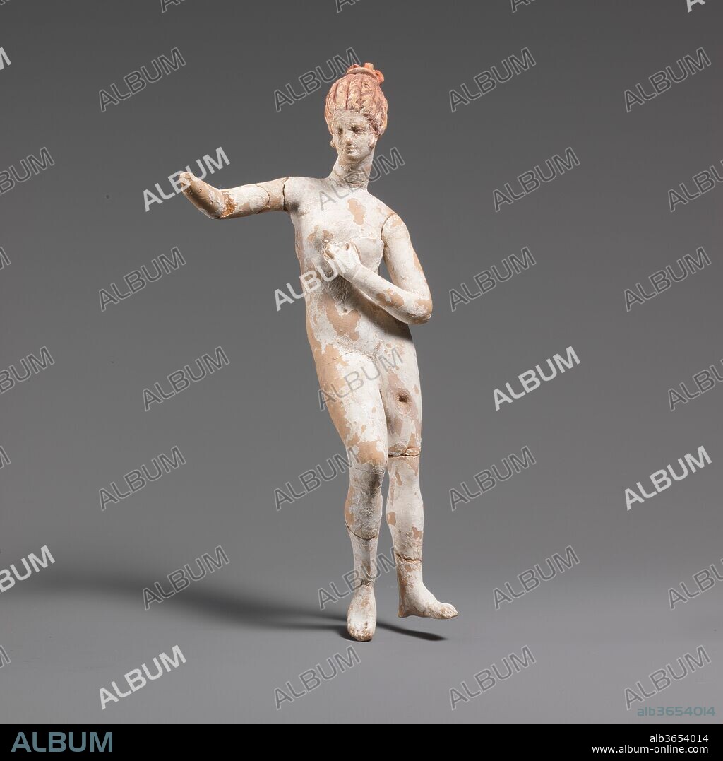 Terracotta statuette of a nude woman. Culture: Greek, South Italian, Tarentine. Dimensions: H. 7 7/8 in. (20.0 cm). Date: 3rd century B.C..
This statuette likely represents the goddess Aphrodite.