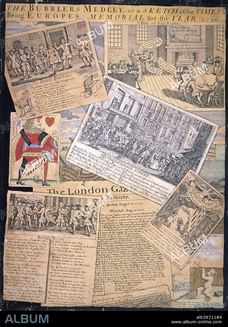 'The Bubblers Medley, or a Sketch of the Times', 1720. Satire on the South Sea Bubble of 1711-1720; the verse 'The Dutch Bubblers', an illustration of 'Mint Coffee House', the playing card Jack of Hearts, a picture of Quinquempoix Street, the verse 'The Bubble Poem', a Stock-jobbing cards, and the front page of 'The London Gazette'. The South Sea Bubble was a hoax, centred on the South Sea Company which had been founded in order to trade with Spanish America on the assumption that the War of the Spanish Succession would end soon with a favourable treaty allowing trading. The Treaty of Utrecht in 1713 was not as favourable as hoped, although confidence was boosted when George I became governor of the company. However by September 1720 the market had collapsed and many investors were ruined.