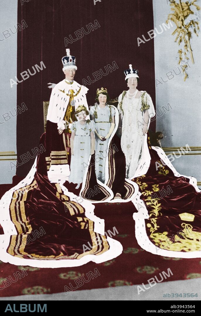 'King George VI and Queen Elizabeth on their Coronation Day, 1937; with Princess Elizabeth (later Queen Elizabeth II) and Princess Margaret'. From "The Coronation of King George VI and Queen Elizabeth". [Odhams Press Ltd., London, 1937]. (Colorised black and white print).