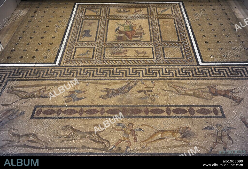 Mosaic of Orpheus. 200 AD. Of a private room, dining room or triclinium of a roman domus. From Miletus. Pergamon Museum. Berlin. Germany.