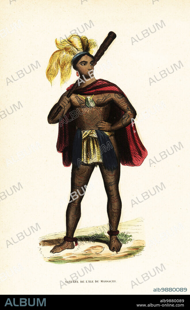 Warrior of Nuku Hiva, Marquesas Islands (French Polynesia). He wears a feather headdress, short cape, lioncloth, holds a cudgel and is tattooed all over his torso and limbs. Habitant de lIle Madisson. Mistakenly titled Naturel de lIle de Massacre. After an illustration by Captain David Porter. Handcoloured woodcut from Auguste Wahlen's Moeurs, Usages et Costumes de tous les Peuples du Monde, (Manners, Customs and Costumes of all the People of the World) Librairie Historique-Artistique, Brussels, 1845. Wahlen was the pseudonym of Jean-Francois-Nicolas Loumyer (1801-1875), a writer and archivist with the Heraldic Department of Belgium.