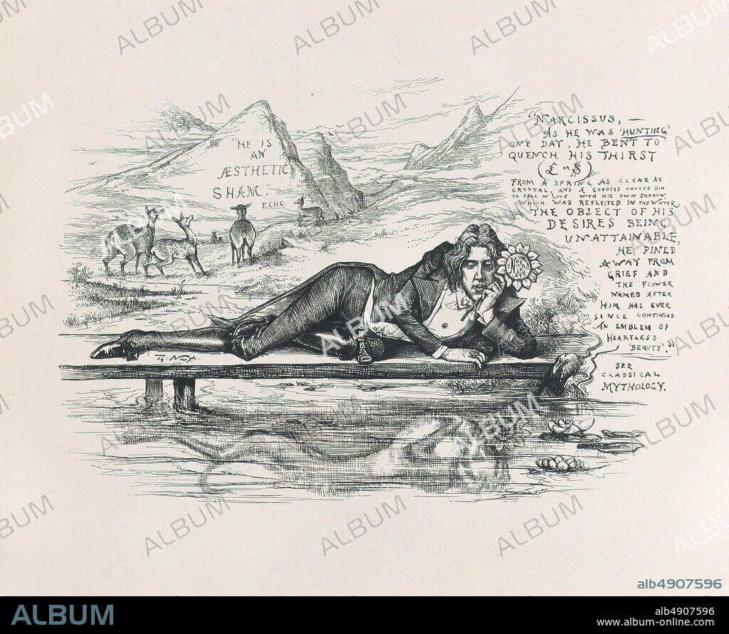 Thomas Nast, Oscar Wilde as Narcissus, Thomas Nast (American (born Germany), Landau 18401902 Guayaquil), Oscar Wilde (Irish, Dublin 18541900 Paris), ca. 1894, Electrotype proof of a wood engraving, Sheet: 9 7/16 × 11 3/16 in. (23.9 × 28.4 cm), Prints.