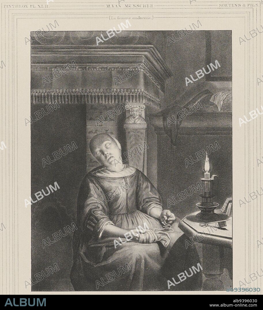 The woman is sitting in front of a fireplace. She has fallen asleep and is leaning back. In her hands she holds a sewing kit. On the table next to her is a burning candle. Numbered top left: PANTHEON PL XLII, Sleeping Woman, print maker: Gerhardus Fredericus Eilbracht, (mentioned on object), Michiel van Musscher, (mentioned on object), printer: Soetens & Fils, (mentioned on object), print maker: The Hague, Netherlands, printer: The Hague, 1840, paper, h 445 mm × w 310 mm.