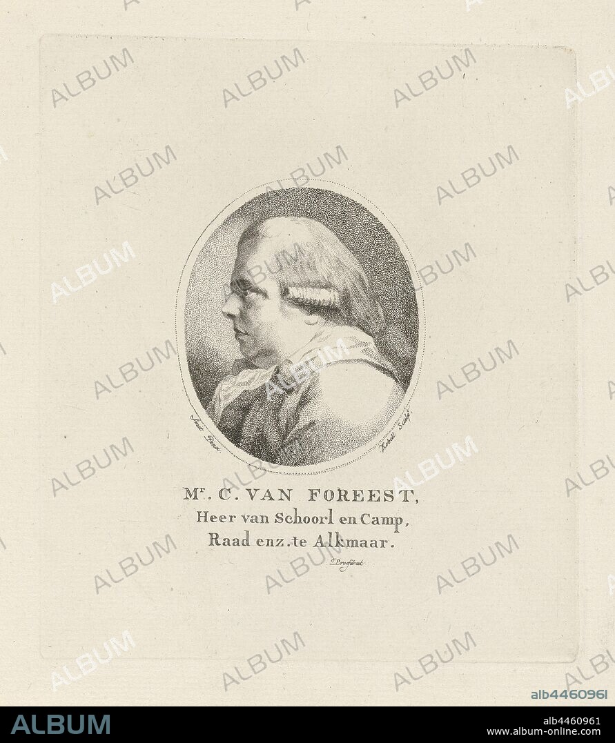 Cornelis van Foreest C. van Foreest, Lord van Schoorl and Camp, Council etc. in Alkmaar (title on object), Portrait bust in profile of Cornelis van Foreest, lord van Schoorl, Groet and Kamp. He wears a tail wig and a scarf, wedge, Cornelis van Foreest, Jan Kobell (I) (mentioned on object), 1766 - 1833, paper, etching, h 173 mm × w 150 mm.