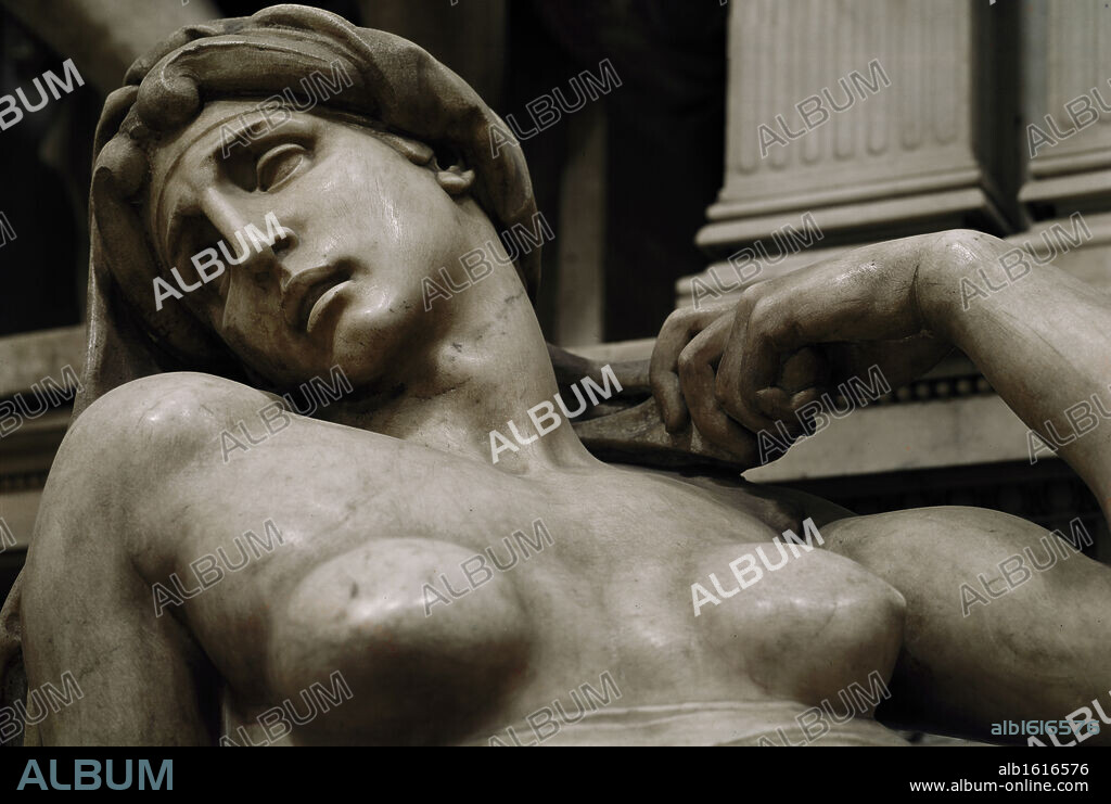 Dawn, The (Detail), C.1520-36, Buonarroti, Michelangelo (1475-1564/Italian), MARBLE SCULPTURE, Medici Chapel, Florence, Italy.