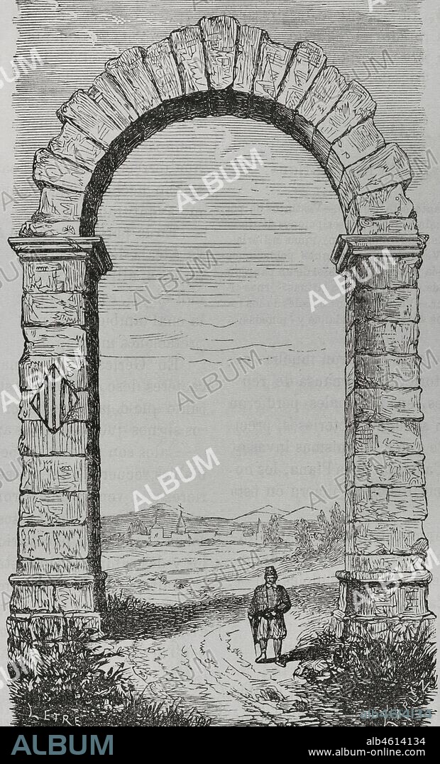 Historia de España. Arco de Cabanes. Provincia de Castellón. Construído en el siglo II d. C. y emplazado sobre la antigua Vía Augusta Ilustración por Letre. Grabado por Capuz. Crónica General de España. Historia Ilustrada y Descriptiva de sus Provincias. Tomo Valencia,1867.