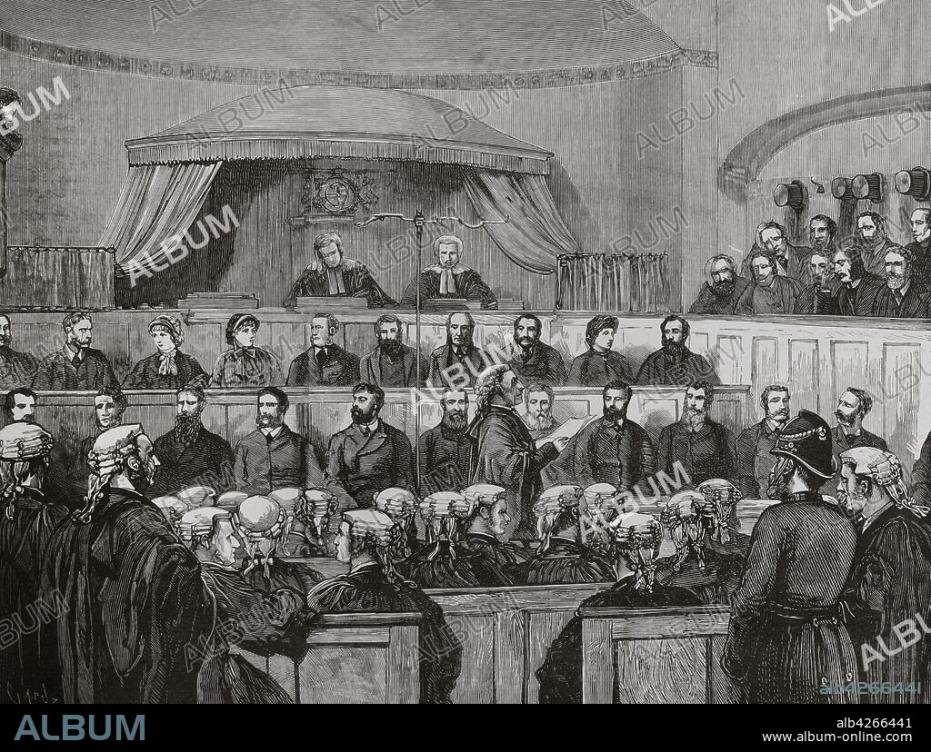 Ireland, Dublin. Proceedings against the heads of the "Irish Land League" (1879-1882), organisation formed during the agrarian depression to demand tenant rights and the reform of country's landlord system under British rule, founded in October 1879 by Michael Davitt. First hearing in court. The "attorney" reading the indictment. Presiding over the court, judges Mr. Fitzgerald (president) and Mr. Barry. The defendants in the second row of seats. On the right, the jury. Engraving. La Ilustracion Espa–ola y Americana, 1881.