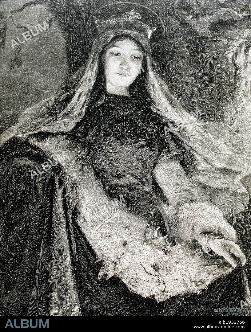 SANTA ISABEL (Presburgo, 1207-Marburgo, 1231). REINA DE HUNGRIA. Hija de Andrés II de Hungría, al enviudar de Luís IV entró a formar parte de la orden de San Francisco. Fue canonizada en 1235 por Gregorio IX. Grabado por R. Bong.