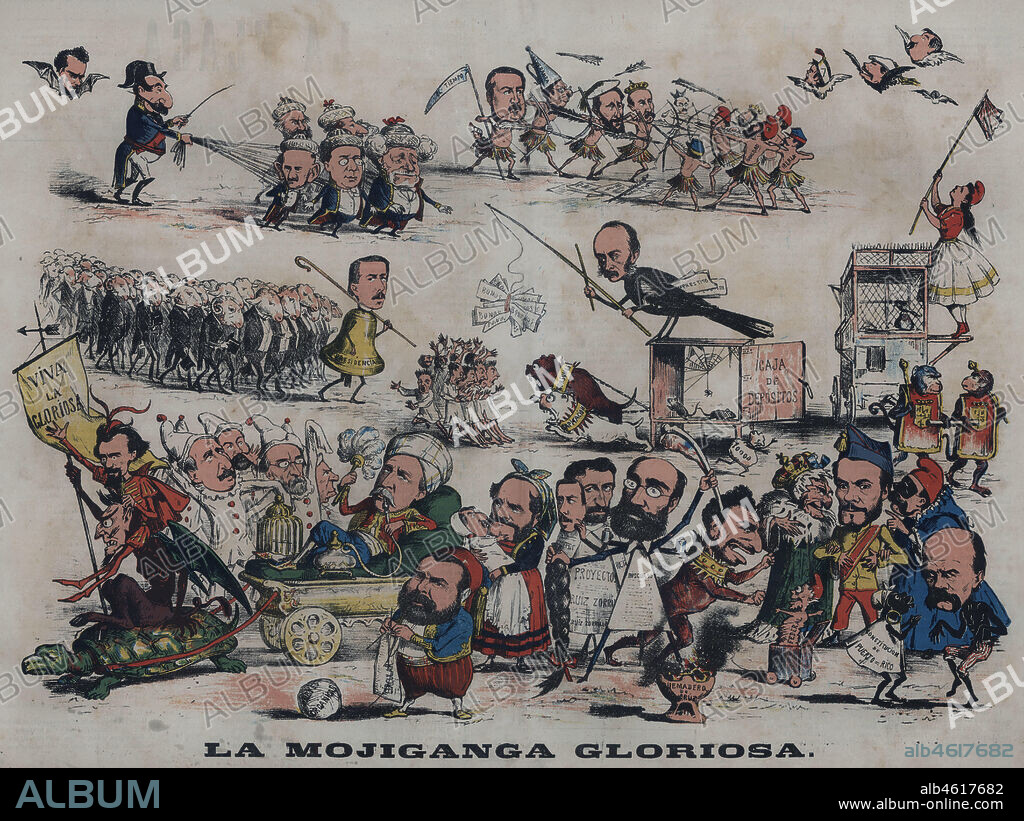 La Flaca. Dibujo satírico. La Mojiganga gloriosa. Sátira festiva de la situación del gobierno español tras el triunfo de la revolución de 1868. Febrero de 1870. Reinado de ISABEL II de Borbón (Madrid,1830-París 1904). "LA MOJIGANGA GLORIOSA". Caricatura del interior de la revista "LA FLACA", siglo XIX. Barcelona. Cataluña.