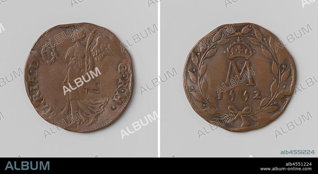 Mary of Hungary, Governor of the Netherlands, Copper Medal. Obverse: Winged Victory with laurel wreath in right and palm branch in left hand inside an inscription. Reverse: letter M under crown, above year within laurel wreath, Mary of Hungary (governor of the Netherlands), anonymous, 1552, copper (metal), striking (metalworking), d 2.8 cm × w 4.59 gr.