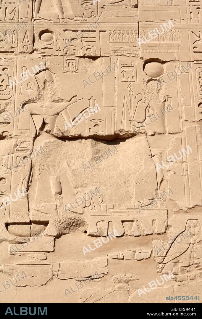 A photograph taken of the Festival Hall of Thutmose III (Akh-menu) is an ancient shrine in Luxor (Thebes), Egypt. It is located at the heart of the Precinct of Amun-Re, in the Karnak Temple Complex. The Hall is situated at the end of the Middle Kingdom court. It was initially built to celebrate the Jubilee (Heb-Sed) of the 18th dynasty Pharaoh, Thutmose III, and later became used as part of the annual Opet Festival. circa 1425 BC.