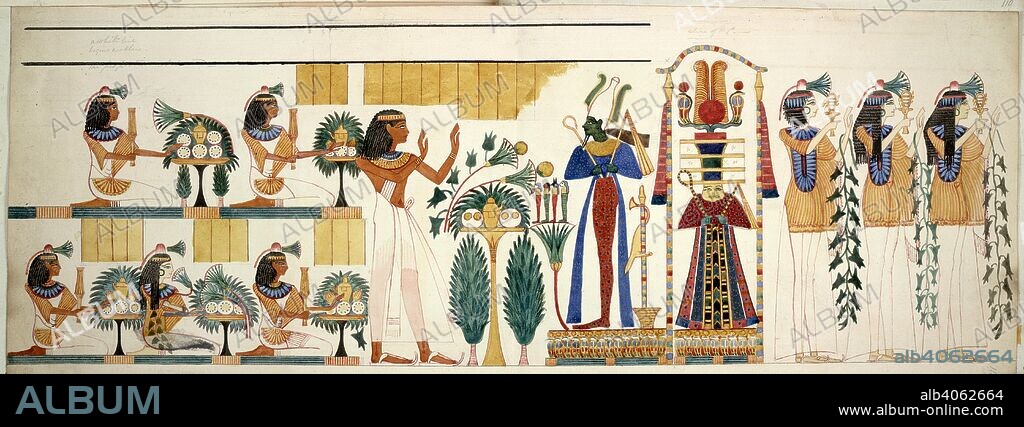 Egyptian tomb wall-painting. Egyptian Collections, Vol. XI. Egypt; between 1826 and 1838. (Whole drawing) Procession of figures with offerings; part of a wall-painting from the tenth tomb at Gourna, Thebes. Made during an expedition to Egypt organised by Robert Hay between 1826 and 1838  Image taken from Egyptian Collections, Vol. XI.  Originally published/produced in Egypt; between 1826 and 1838. . Source: Add. 29822, f.118. Language: English.