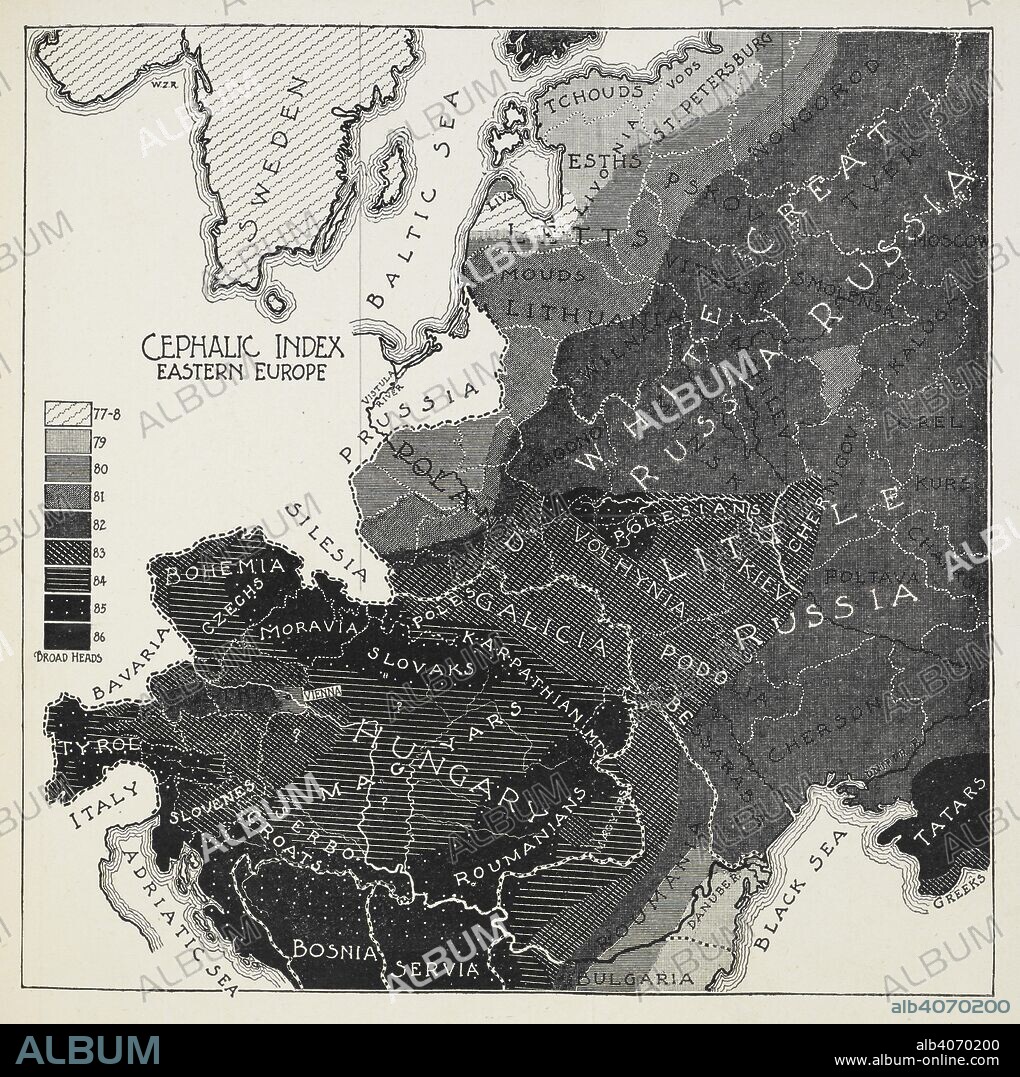 ANON and WILLIAM Z. RIPLEY. Cephalic Index of Eastern Europe. The Races of Europe: a sociological study. Lowell Institute Lectures ... Accompanied by a supplementary bibliography of the anthropology and ethnology of Europe, published by the Public Library of the City of Boston. New York : D. Appleton & Co., 1899. Source: W49/4706 facing p.340.