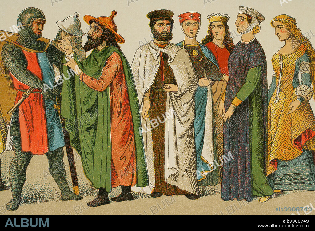Historia de Alemania. Edad Media. 1200. De izquierda a derecha, caballero, judíos, Caballero de la Orden Teutónica y damas nobles. Cromolitografía. "Historia Universal", por César Cantú. Tomo X, 1881.