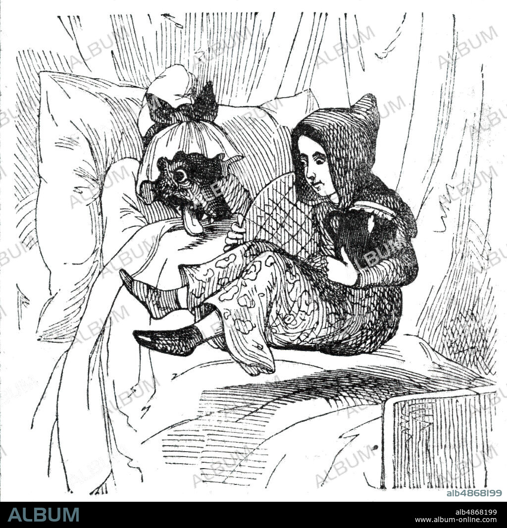 Little Red Riding Hood and the wolf disguised as her grandmother, 1842. From "Illustrated London News", 1844, Vol I.