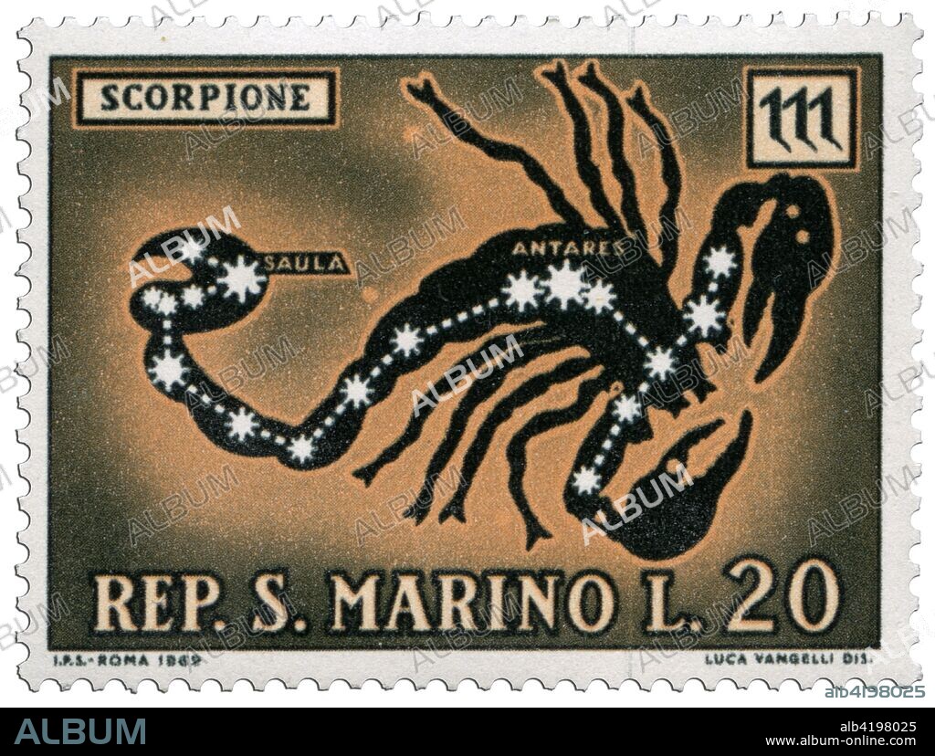 Constellation of the Scorpio, representation with the astrological symbol and the main stars Antares and Saula. Postage stamp of a series issued by the San Marino Post Office representing the signs of the Zodiac. Drawing by Luca Vangelli, type of printing: photoengraving, nominal value L. 20. Republic of San Marino, issue 18 February 1970.