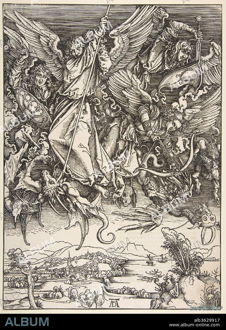 AFTER ALBRECHT DÜRER. Saint Michael Fighting the Dragon, from The Apocalypse. Artist: After Albrecht Dürer (German, Nuremberg 1471-1528 Nuremberg). Date: 1498.
With the Apocalypse series, Dürer raised the medium of woodcut to the level of sophistication that engraving had achieved nearly three decades earlier. In this magnificent woodcut, Dürer used swelling and tapering lines to modulate areas of light and dark and to create a sense of space. High above a mountainous landscape, Christianity triumphs over evil as Saint Michael and his angels wage war in heaven against the seven- headed dragon.