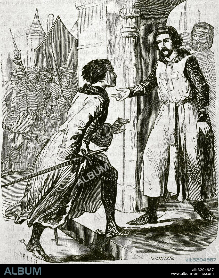 Philip IV the Fair (1268-1314), King of France and Navarre by his marriage to Joan  I of Navarre in 1284, takes shelter among the Templars persecuted by the villagers. Engraving by Ecosse, 1851.
