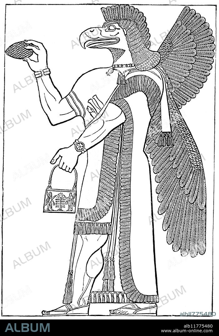 DEMONS - CHALDEAN. Eagle-headed winged demon or god, standing before the Sacred Tree. From Zénaïde A. Ragozin, Chaldea from the Earliest Times to the Rise of Assyria,1889.