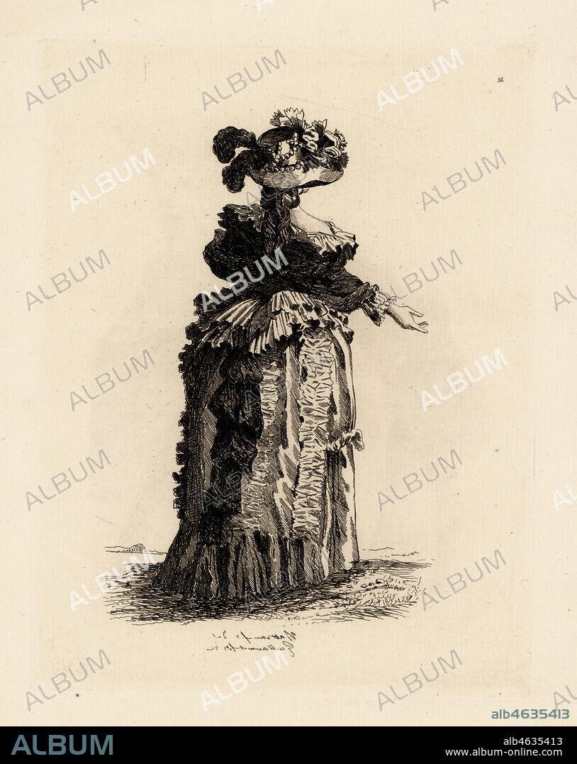 Rear view of fashionable womans dress, era of Marie Antoinette. Copperplate etching by Auguste Etienne Guillaumot from Costumes et coiffures du XVIIIe siecle, Costumes and hairstyles of the 18th century, Cagnon, Paris, 1875. Original illustration by Francois Louis Joseph Watteau from the Gallerie des Modes et Costumes Francais, 1778-1787.