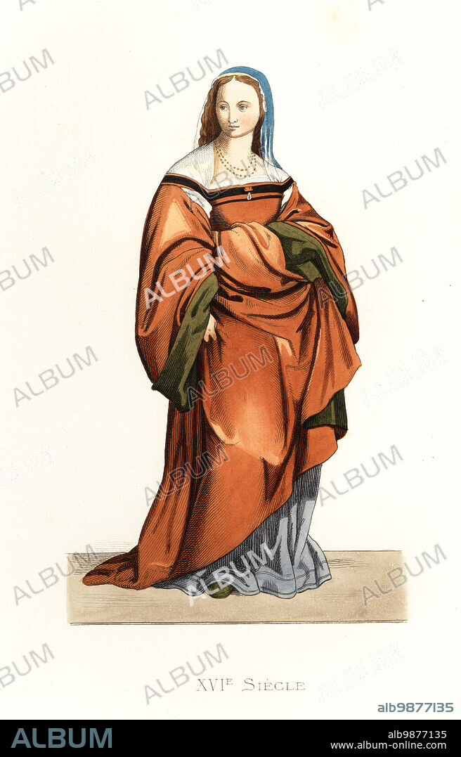 Portrait of Lucrezia del Fede, wife of the painter Andrea del Sarto, 16th century. In red silk robe with square-cut bodice, grey petticoats, blue veil over blonde hair. Dame de Florence. After a fresco of the Birth of the Virgin in Santissima Annunziata, Florence. Handcolored lithograph after an illustration by Edmond Lechevallier-Chevignard from Georges Duplessis's Costumes historiques des XVIe, XVIIe et XVIIIe siecles (Historical costumes of the 16th, 17th and 18th centuries), Paris, 1867. Edmond Lechevallier-Chevignard was an artist, book illustrator, and interior designer.
