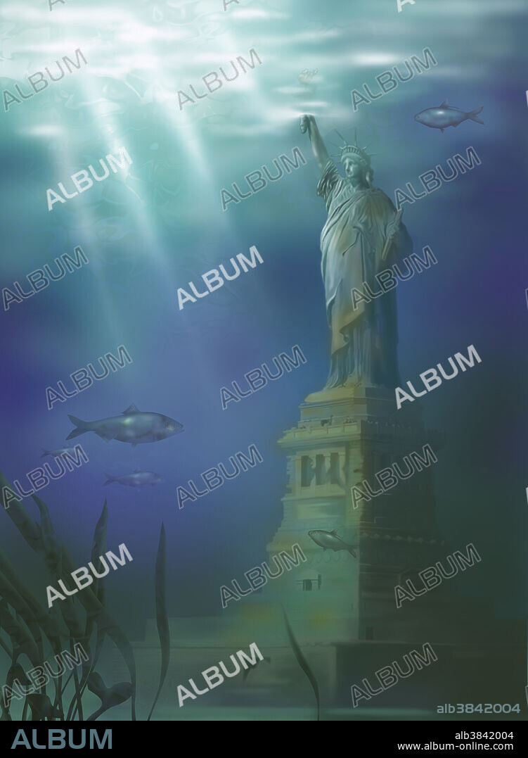 A conceptual illustration of the statue of liberty submerged in sea water. This illustration is meant to depict possible catastrophic effects of global warming.