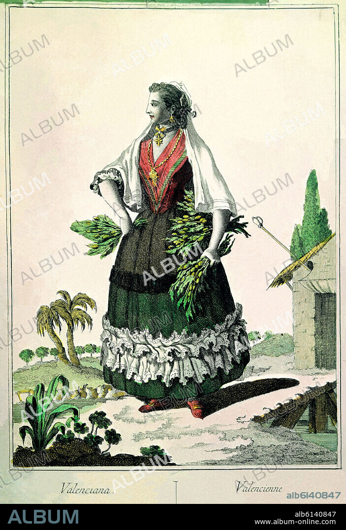 JUAN DE LA CRUZ CANO Y OLMEDILLA. COLECCION DE TRAJES DE ESPAÑA-1777-VALENCIANA-GRABADO S XVIII-TIPOS POPULARES.