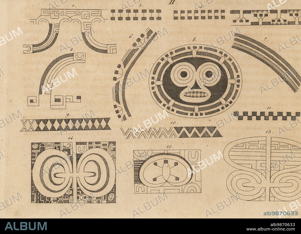Tattoo patterns of Nuku Hiva, Marquesas Islands, French Polynesia. Kake 1,2, Enata 3,4,5, Kake-opogo 6,7, Matta-Comor 8, Niho-Piata 9,10, Ehowa 11,12, Tumaima 13. Copied from an illustration by Georg Langsdorff in Reise um die Welt, 1812. Handcoloured copperplate engraving from Carl Bertuch's Bilderbuch fur Kinder (Picture Book for Children), Weimar, 1813. A 12-volume encyclopedia for children illustrated with almost 1,200 engraved plates on natural history, science, costume, mythology, etc., published from 1790-1830.