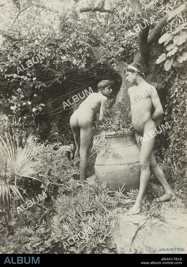 Two Nude Young Men in a Garden, Baron Wilhelm von Gloeden (German, 1856 - 1931), 1899 - 1920, Gelatin silver print, 22.5 x 16.7 cm (8 7/8 x 6 9/16 in.).