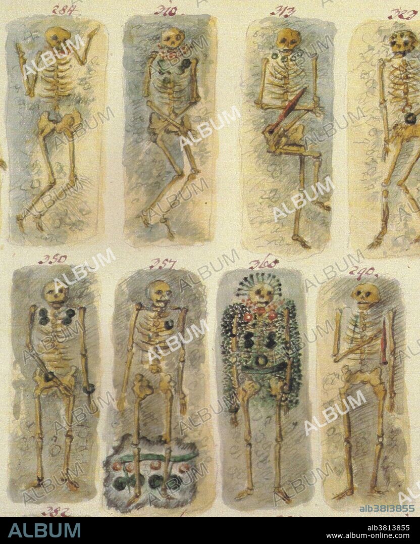 In 1846, Johann Georg Ramsauer (1795-1874) discovered a large prehistoric cemetery near Hallstatt, which he excavated during the second half of the nineteenth century. Hallstatt gave its name to the Hallstatt Culture from which the Celts emerged. Used from the 8th to the 4th century BC, approximately 2000 to 4000 burials took place of which 1300 are recorded / preserved in museums. There are roughly as many inhumations as there are cremations, that is graves with skeletons or the ash of the cremation. Most of the identifiable warrior burials were cremations. Inhumation and cremation were practiced concurrently. There were no forms of grave markers above ground. Most of the bodies were lined up East - West. Many of the richer finds were made in the cremation burials which for the most part were also the warrior burials. The main distinction is in burial rite and grave goods: in the western zone, members of the elite were buried with sword or dagger, in the eastern zone with an axe. The western zone has chariot burials. In the eastern zone, warriors are frequently buried in full armor. Illustration originally captioned: Not yet equipped with cameras, they made drawings of the graves. An unknown local artist painted these watercolors.