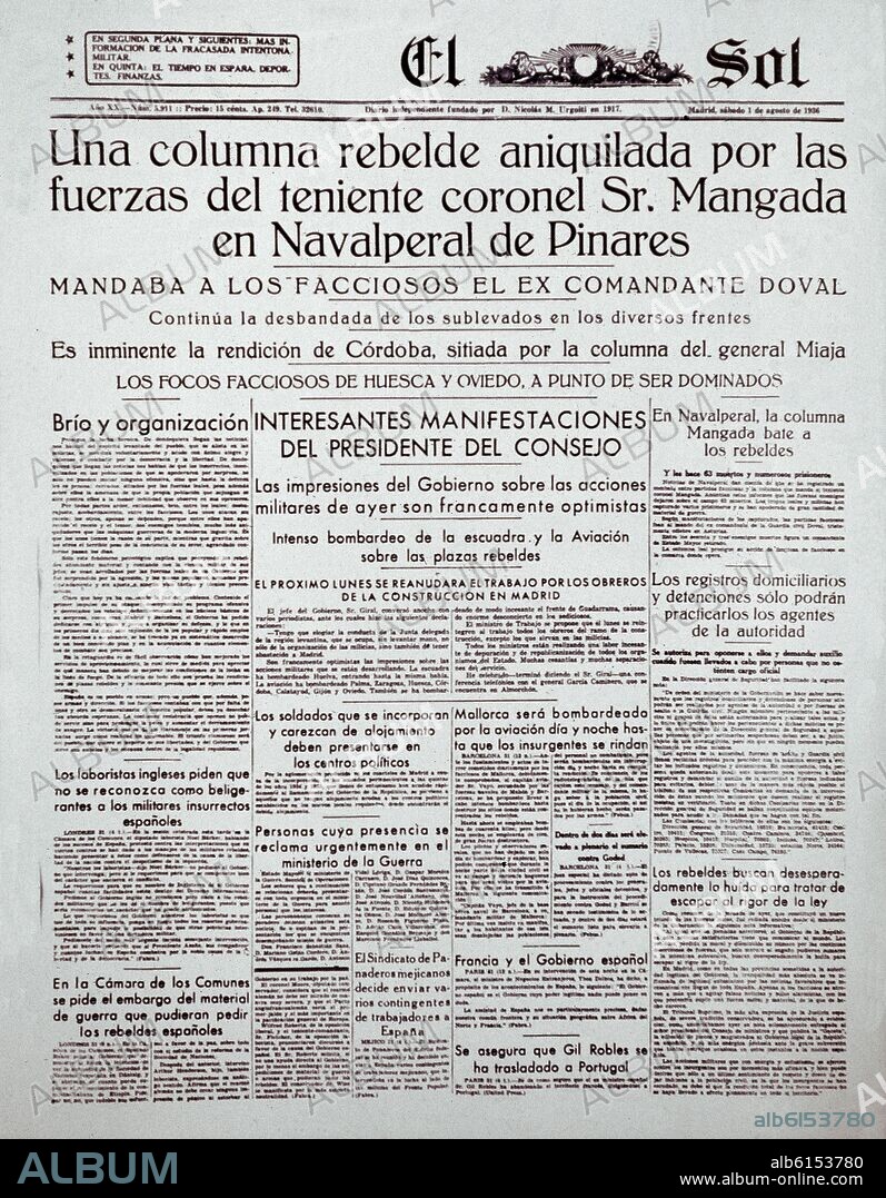 PERIODICO EL SOL -. PORTADA 1/8/1936- SUCESOS DE LA GUERRA -NAVALPERAL DE PINARES(AVILA).