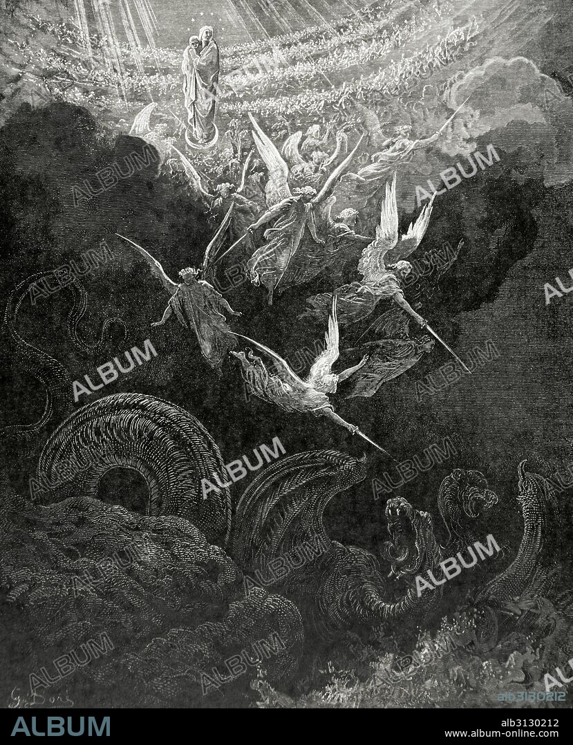 LA BIBLIA. Grabado por Stéhane Pannemaker (1847-1930) y dibujo de Gustavo Doré (1832-1883). La Coronación de la Virgen.