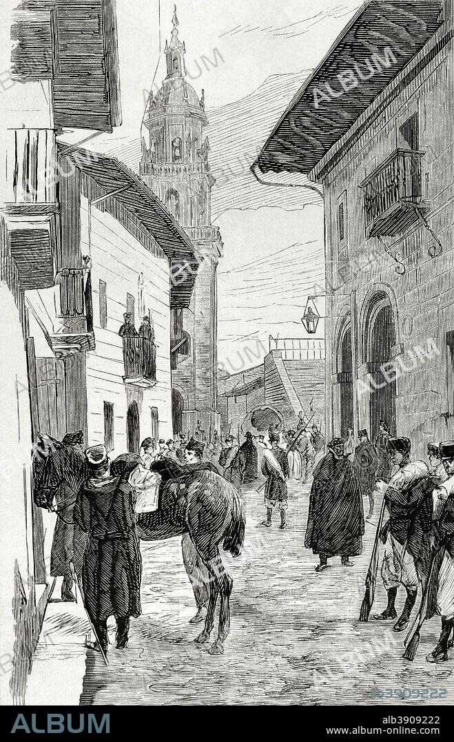 España. Tercera Guerra Carlista (1872-1876). Fuerzas de la brigada Córdoba disponiéndose para marchar a Aramayona (Provincias Vascongadas). Grabado. 1876, contexto de la Restauración Borbónica con Alfonso XII. La Ilustración Española y Americana, 15 de febrero de 1876. Biblioteca Histórico Militar de Barcelona. Cataluña, España.