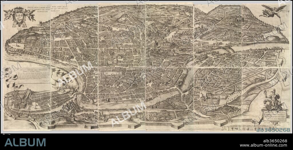 Plan of the City of Rome. Artist: Antonio Tempesta (Italian, Florence 1555-1630 Rome). Dedicatee: Dedicated to Cardinal Camillo Pamphili. Dimensions: Overall: 41 5/16 x 94 1/2 in. (105 x 240 cm). Publisher: Published by Giovanni Domenico de Rossi (Italian, 1619-1653). Date: 1645.
Plan or aerial view of the city of Rome, taken from the north-west. The map shows Rome in its late sixteenth-century condition. The map was first printed in 1593. This edition with changes dates to 1645.