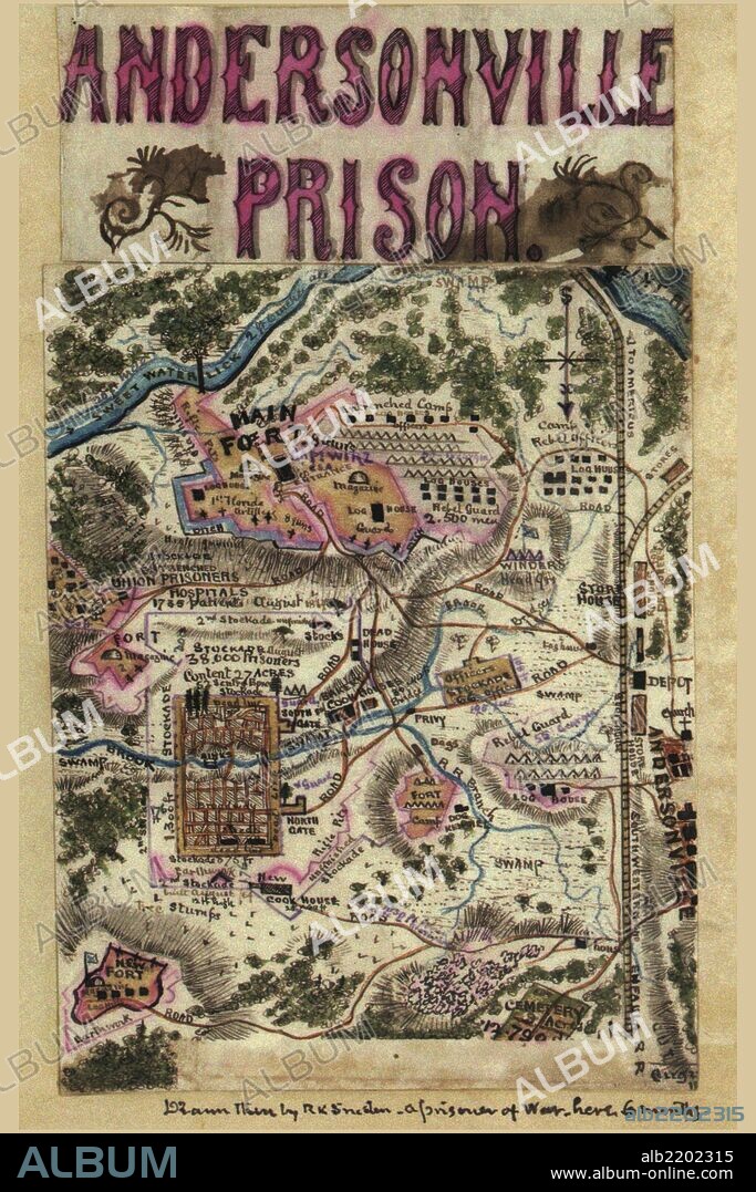 Dimensions, layout, outbuildings and immediate surroundings of Andersonville Prison Camp, Georgia.