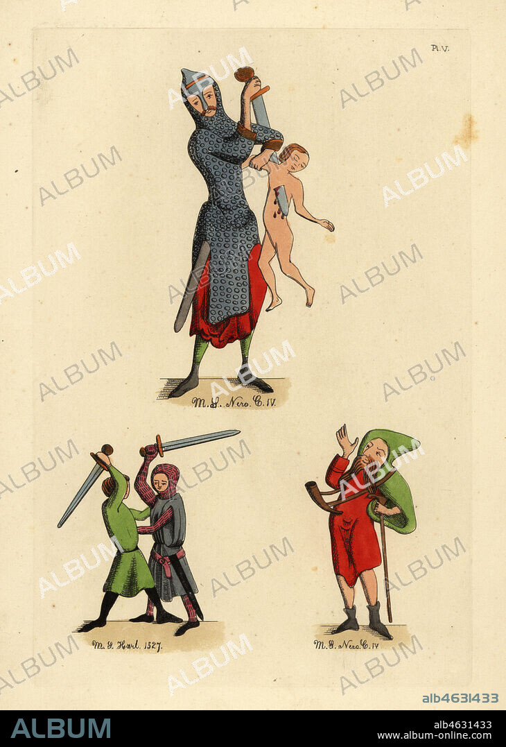 Norman fashions 11th century: Norman soldier in long chainmail hauberk stabbing a child 1, crusader knight in surcoat over a haqueton or suit of gamboised chainmail and coiffe de maille 2, and peasant in short tunic with capuchon (hood) and boots 3. Taken from manuscripts Cotton Nero c.IV, showing the Massacre of the Innocents, and Harleian 1527. Handcoloured copperplate engraving from Thomas Anthony Day and J.H. Dines' Illustrations of Mediaeval Costume in England collected from manuscripts in the British Museum, Bibliotheque Nationale de Paris, Bosworth, London, 1853.
