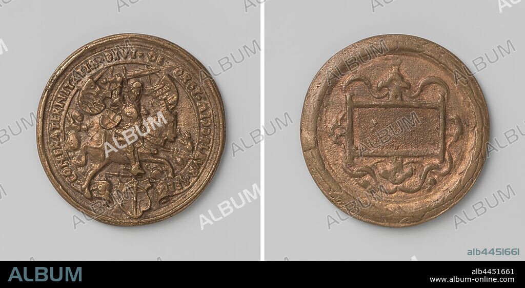 Confrerie of St. George in Middelburg, Brass Medal. Obverse: armored St. George on horseback with sword in right hand raised above head fighting dragon lying on the ground, behind him: angel who protects him, on either side of his head: coat of arms within an inscription on pennant, interrupted by coat of arms. Reverse: empty compartment inside wreath of olive leaves, Middelburg, anonymous, 1554, brass (alloy), engraving, d 4.5 cm × w 26.93 gr.