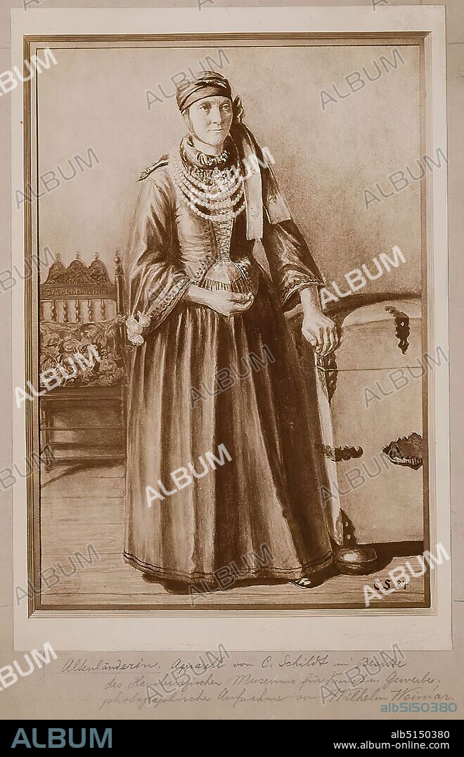 Wilhelm Weimar, Altenländerin - Watercolor by C. Schildt owned by the Hamburgisches Museum für Kunst und Gewerbe, albumin paper, black and white positive process, image size: height: 19.00 cm; width: 12.90 cm, signed and dated, Wilhelm Weimar Hamburg. 1898, inscribed: recto u. auf Karton: Altenländerin. Watercolor by C. Schildt owned by the Hamburg Museum of Art and Trade; photograph by Wilhelm Weimar. In the reproduced painting monogram: C.S. 27, stamp: recto and left, painting, woman, national costume, regional costume.