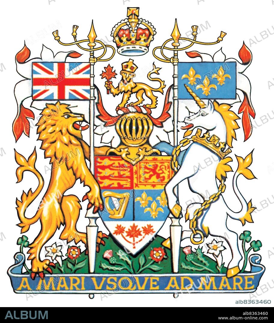 The coat of arms of Canada, derived from the royal arms of the United Kingdom, also represents French traditions and ties.