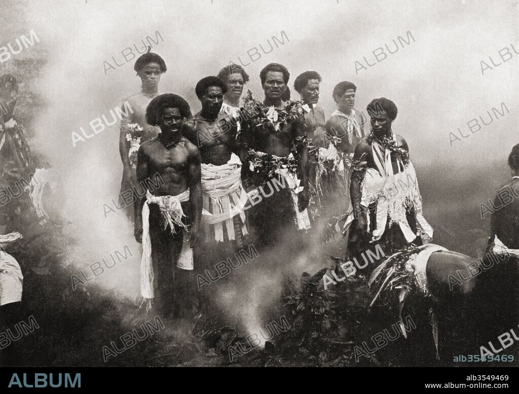 Fire-walking ceremony on Beqa Island, Fiji. According to legend over 500 years ago the men of Beqa Island were given the gift of being able to walk on fire by an eel in exchange for its life. After a 19th century photgraph. From Customs of The World, published c.1913.
