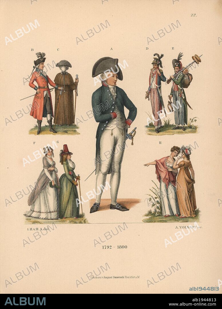 Fashions from 1792 to 1800. A civil servant from Munich (A), officers from Wurzburg (B,C), French guards from the Revolutionary Army (D,E), German women in English fashions (F,G), and women in the neo-classical fashion (H). Chromolithograph from Hefner-Alteneck's "Costumes, Artworks and Appliances from the Middle Ages to the 18th Century," Frankfurt, 1889. Illustration by Dr. Jakob Heinrich von Hefner-Alteneck, lithographed by A. Volkert, and published by Heinrich Keller. Dr. Hefner-Alteneck (1811 - 1903) was a German museum curator, archaeologist, art historian, illustrator and etcher.
