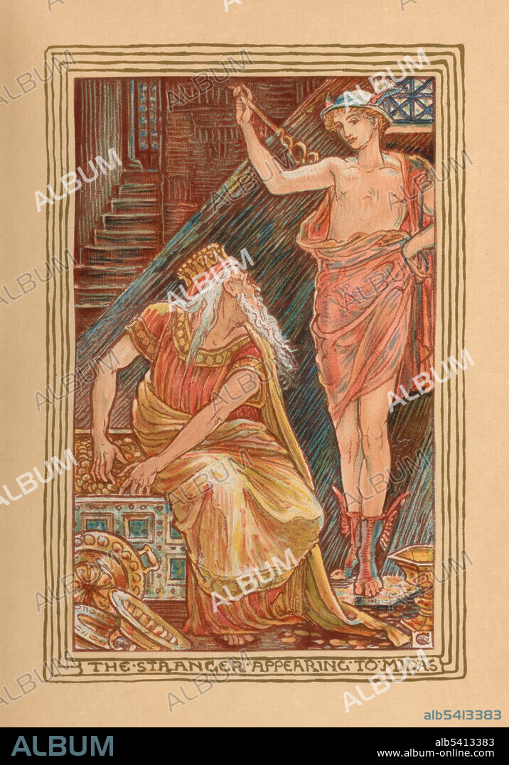 The Golden Touch, recounts the tale of King Midas popularly remembered for his ability to turn everything he touched into gold. In the version told by Hawthorne, Midas' daughter came to him, upset about the roses that had lost their fragrance and become hard, and when he reached out to comfort her, she turned to gold as well. Now, Midas hated the gift he had coveted. He prayed to Dionysus, begging to be delivered from starvation. Dionysus heard his prayer, and consented, telling Midas to wash in the river Pactolus. Then, whatever he put into the water would be reversed of the touch. Nathaniel Hawthorne (1804-1864) was an American novelist, dark romantic, and short story writer. His, A Wonder-Book for Girls and Boys, first published in 1851, is a children's book in which he retells several Greek myths. Walter Crane (1845-1915) was an English artist and book illustrator. Printed at the Riverside Press, 1893.